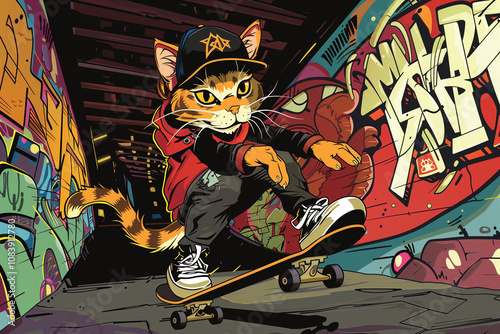 A cool cat skateboarding in an urban setting, with graffiti and bright colors.