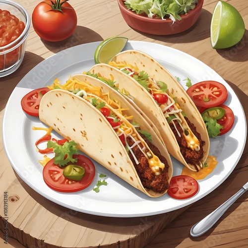 Delicious Tacos with cheese tomato fried Served with fresh vegetables