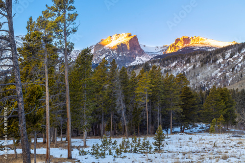 Sunrise Glow on Hallett and Flattop Peaks in Rocky Mountain National Park Estes Park Colorado photo