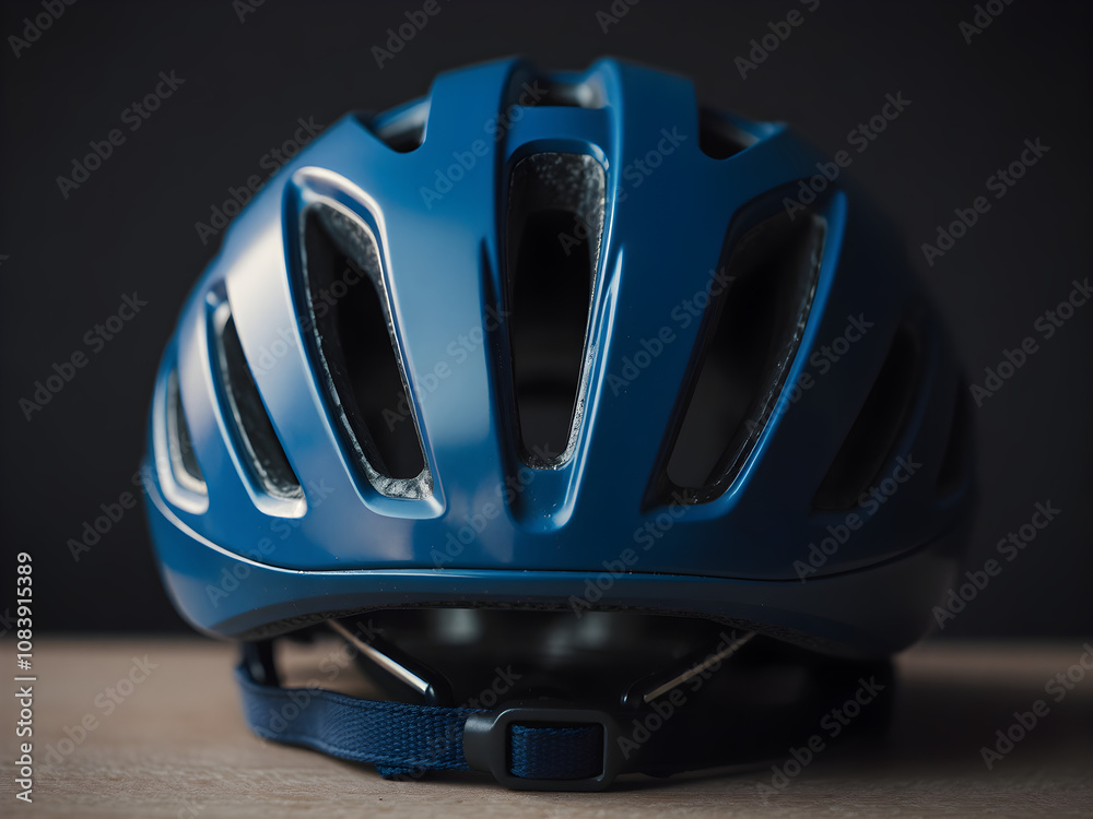 Fototapeta premium Dark blue cycling helmet with air vents and chin strap. The details of the helmet give it a realistic and strong look.