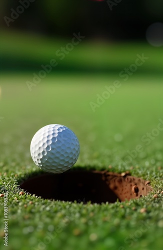 Golf ball drops into hole on green. Perfect golf shot on course. Success of golf sport. Game moment on field. Victory of game. Good golf game. Pro golf player. High quality photo. Golf equipment.