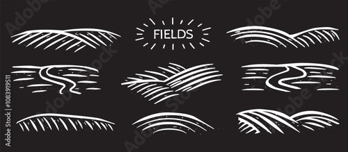 farm fields vector silhouette sketch. farm fields vector chalk sketch on black background