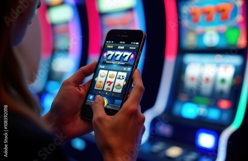 Person plays online slot machine game on smartphone. Person plays mobile casino game in casino venue. Nighttime casino. Person using app on phone. Playing for fun in gambling hall. Digital game on photo