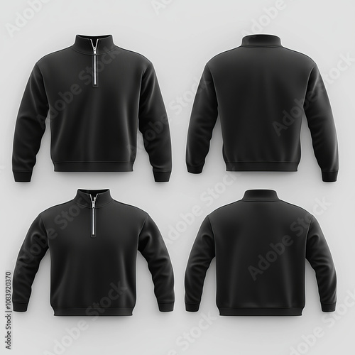Blank black quarter-zip sweater mockup, showcasing different views in 3D rendering. An empty warm knitted or fleece jersey sweatshirt mockup, isolated. Clear soft pullover with a zipper collar, ideal 