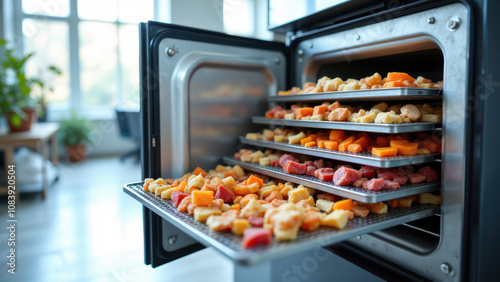 Freeze-drying machine with multiple trays loaded with food samples for drying process.