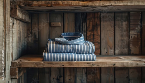 A single, bluestriped sailor shirt folded neatly on a wooden shelf photo