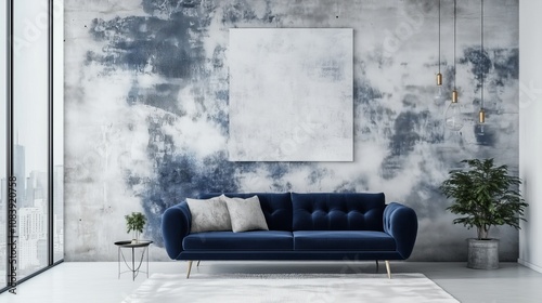 Modern Living Room with Blue Velvet Sofa and Abstract Art 