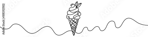 One continuous line illustration of ice cream, isolated on white background. Line art of ice cream