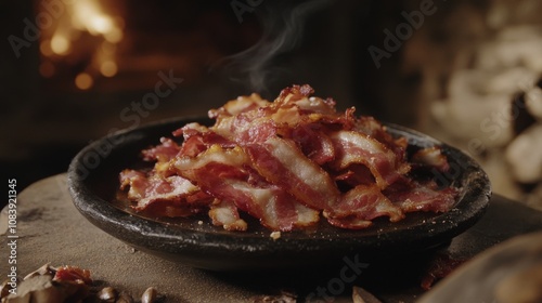 Crispy Bacon Piled High on a Rustic Plate with Smoke Rising in a Cozy Kitchen Setting Near a Warm Fireplace
