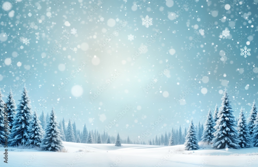 Fototapeta premium Winter wonderland scene. Snow covered evergreen trees line snowy landscape. Soft light suggests gentle morning. Beautiful peaceful nature photo. Perfect for Christmas, New Year greeting cards. Ideal