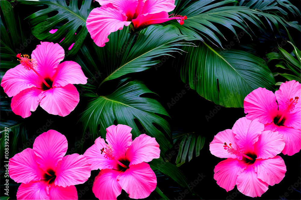 Obraz premium tropical. Palm leaves, tropical pink hibiscus flowers., Generative AI