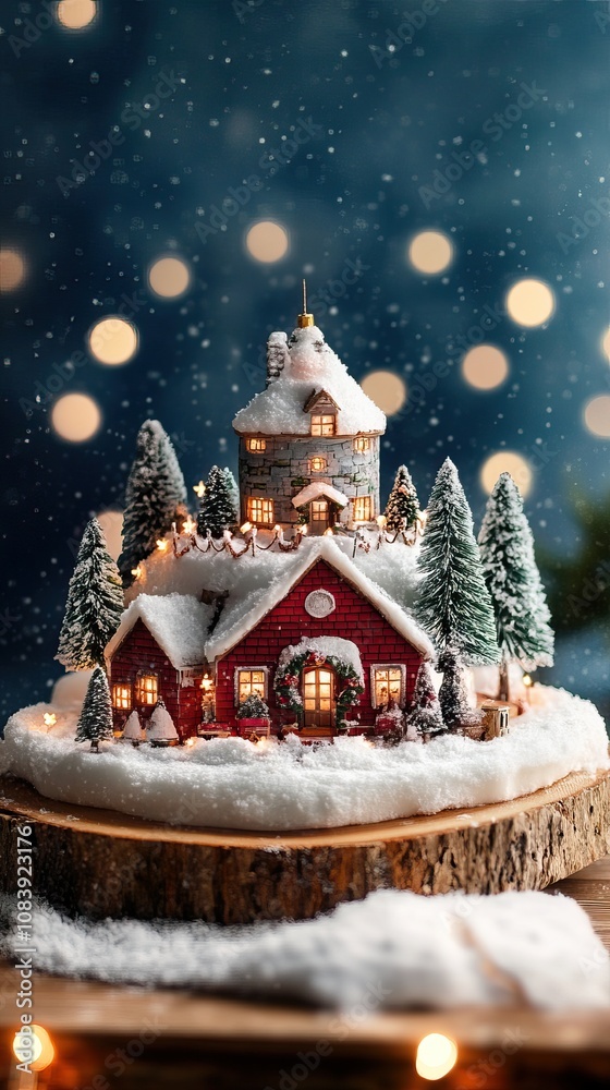 Fototapeta premium A charming miniature house sits in a winter landscape, surrounded by snow-covered trees and twinkling lights, evoking a festive spirit