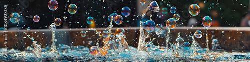 Bubble Fountain: A bubbling fountain in a courtyard, with colored bubbles rising and cascading down. photo