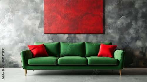 Emerald Elegance: Red and Green Interior Design. A plush green velvet sofa with red accent pillows sits against a textured grey wall, adorned with a bold red abstract painting.