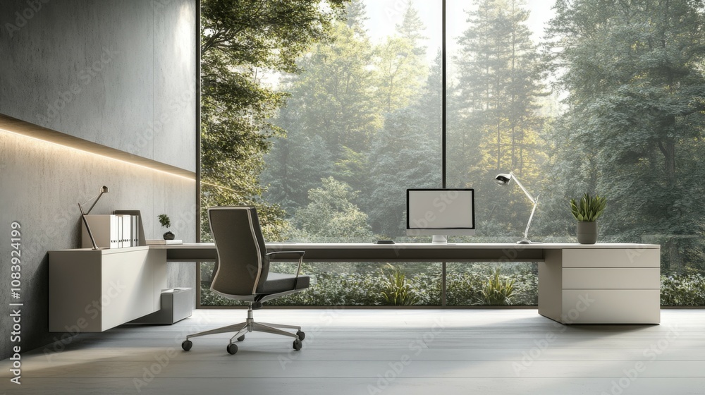 Fototapeta premium Modern Home Office with Large Window and Forest View