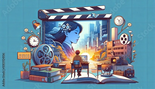 Illustration of a filmmaker editing a scene inspired by Korean drama with a cityscape and a blue portrait, surrounded by film equipment, clocks, and flowers