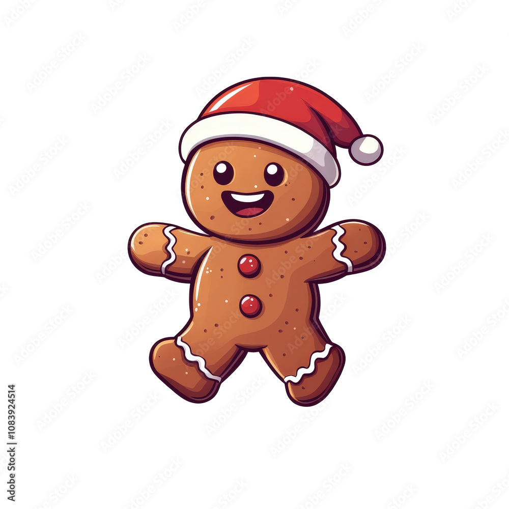 Obraz premium A clipart illustration of a gingerbread cookie man wearing a santa hat.