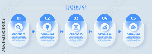 Design template for vector infographic labels with icons and 5 options or steps. Suitable for process diagrams, presentations, workflow layouts, banners, flow charts, and infographics.
