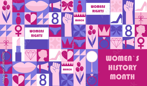 Vector horizontal banner for Womens History Month with geometric elements including tulips, lipstick, bow, shoes, loudspeaker, perfume, ring, diamond, panties and silhouette of woman