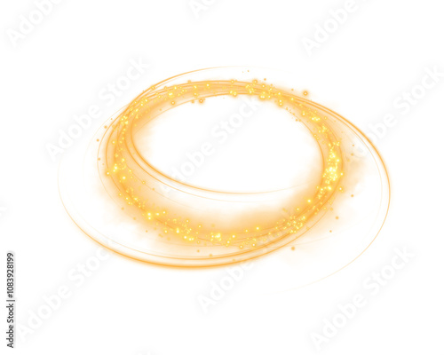 Yellow magic portal. Yellow round holograms with rays of light and sparkles and fog or smock. Glowing futuristic teleport tunnel. Yellow neon lights illuminate the night scene with sparkles. Light eff photo