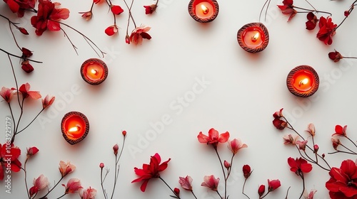 Elegant Diwali diya arrangement with vibrant floral decorations, celebrating the festival of lights photo