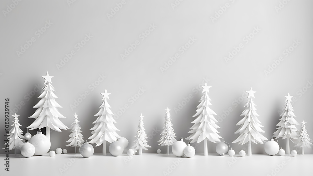 Obraz premium Close up of festive Christmas ornaments and white color trees creating and serene atmosphere on white background.