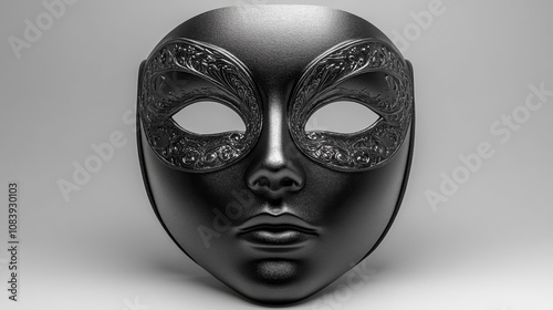 A simple, minimalist black mask with intricate detailing, presented against a pure white background.