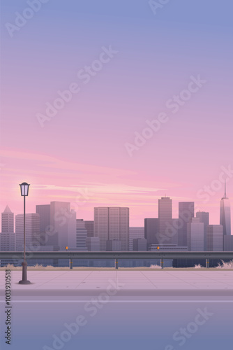 Cityscape view from sidewalk have silhouette skyscraper and dramatic sky vertical background graphic illustration.