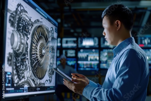 A professional examines intricate details of an aircraft turbine on a large digital screen, showcasing cutting-edge technology in an engineering lab. Chinese male researcher at work