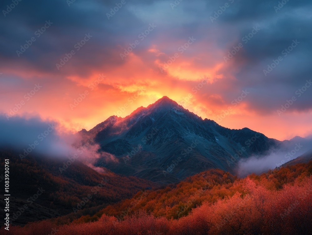 Fototapeta premium stunning mountain landscape during sunset with vibrant colors and dramatic clouds