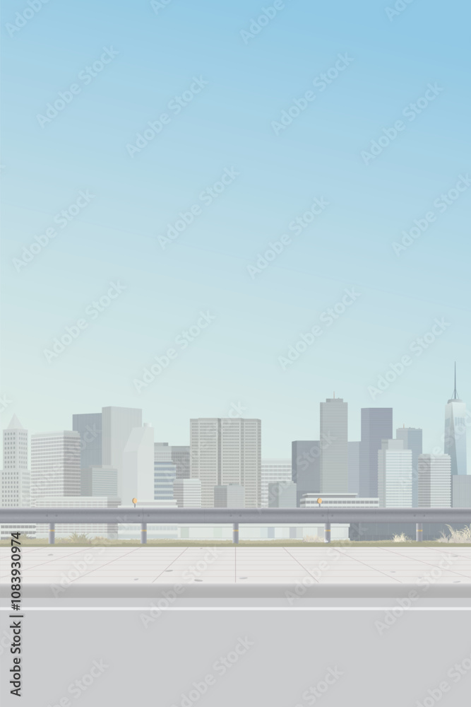 Fototapeta premium Cityscape view from sidewalk have skyscraper and blue sky vertical background graphic illustration.