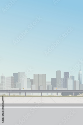 Cityscape view from sidewalk have skyscraper and blue sky vertical background graphic illustration.