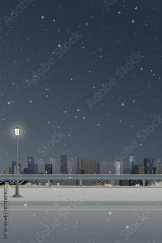 Cityscape in winter season at night view from sidewalk have skyscraper and night sky vertical background graphic illustration.