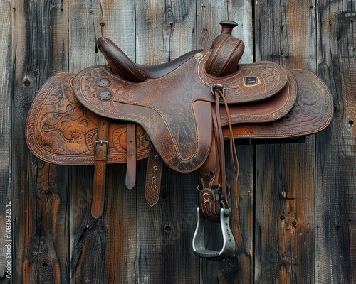 A single, leather horse saddle displayed against a barn wood background
