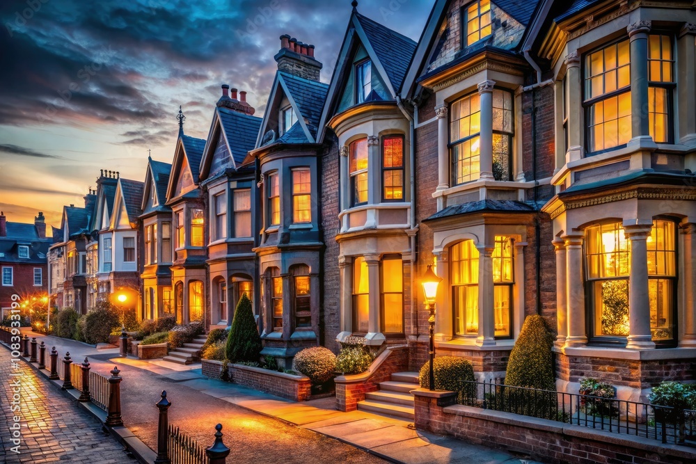 Fototapeta premium Enchanting Low Light Photography of Victorian Terraced Houses at Dusk â€“ Capturing Architectural Elegance and Atmospheric Charm in Urban Settings