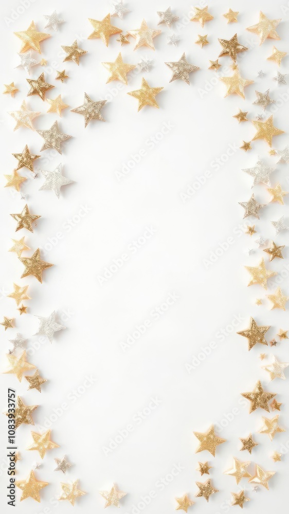 Obraz premium Stars frame isolated on white background with twinkling gold and silver stars creating a decorative border, stars