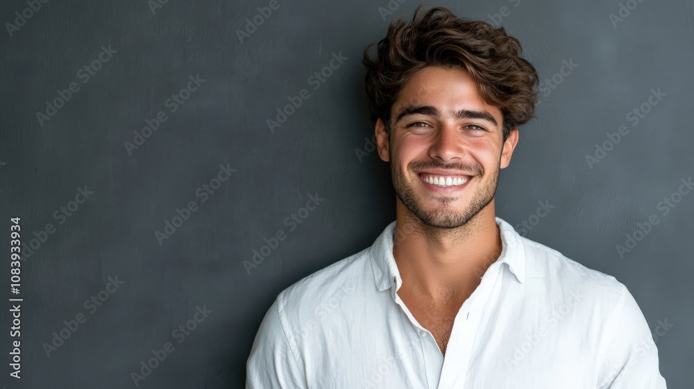 Obraz premium Portrait of a Smiling Man with Dark Hair and White Shirt