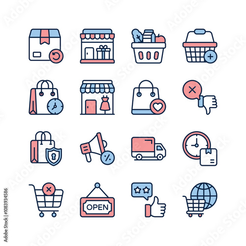 Collection of icons representing various aspects of online shopping, including delivery, stores, shopping bags, baskets, customer feedback, and security