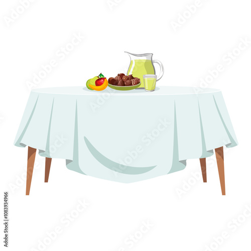 A table covered with a white tablecloth and dessert on it.