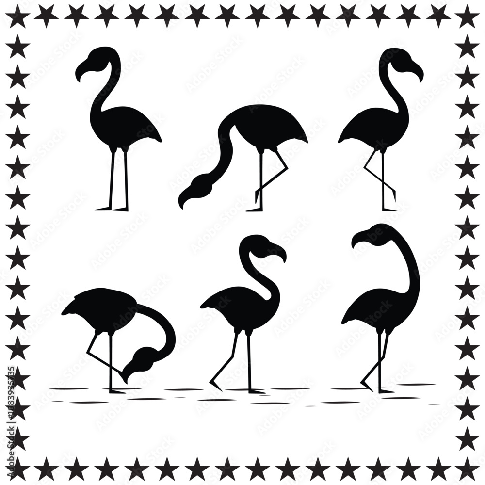 Obraz premium Flamingo Bird Silhouette Vector Cute Flamingo With Round Star On White Background