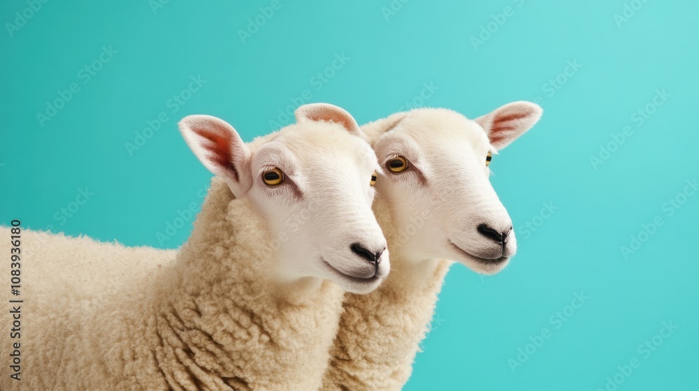 Fototapeta premium Two Close-Up Sheep with Soft Wool and Mellow Expressions Against a Vibrant Turquoise Background, Capturing a Unique Perspective on Farm Animals