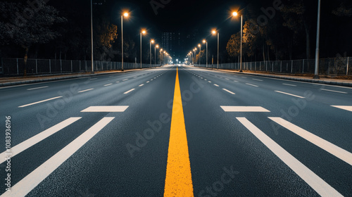 Empty urban road with yellow and white lane markings, illuminated by streetlights, flanked by trees and fences at night. photo