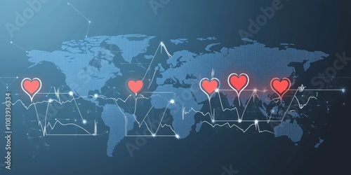 World Population Health : Medical icons and heartbeats connecting different regions on a world map