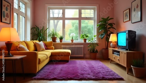 Retro 1980s 80s inspired living room with a purple shag carpet and a sectional sofa in mustard yellow