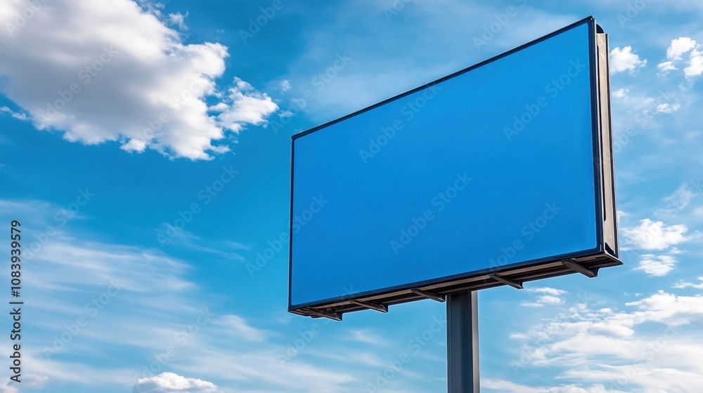 Fototapeta premium Vibrant Empty Billboard Against a Beautiful Blue Sky with Fluffy Clouds, Ideal for Advertising or Promotion in Outdoor Settings and Urban Areas