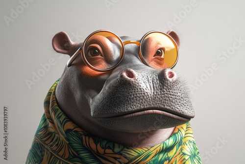 a stylish hippo wearing glasses and a tropical shirt photo