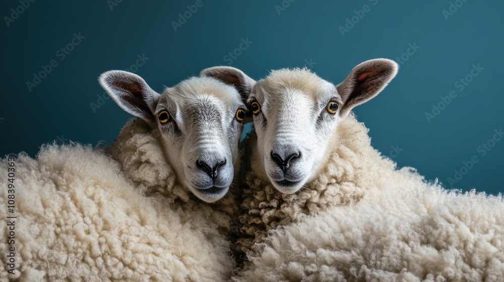Obraz premium Two Charming Sheep with Fluffy Wool Posing Together Against a Solid Teal Background, Capturing the Essence of Farm Life and Animal Companionship