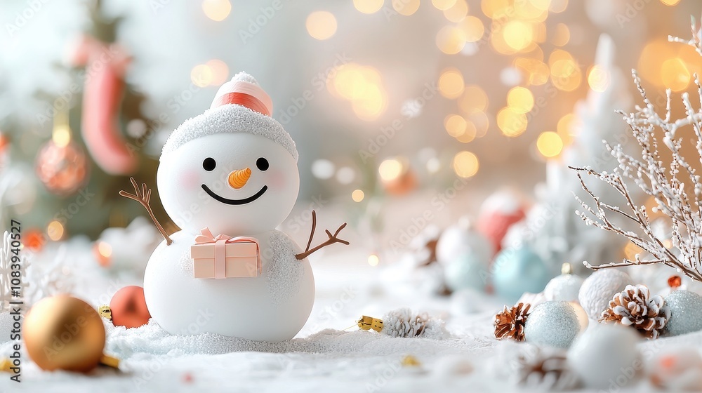 Obraz premium Cheerful snowman wearing a festive hat with a gift in front of a beautifully decorated Christmas tree surrounded by sparkling lights and winter decorations