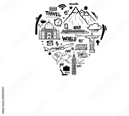 Hand-drawn travel concept sketch featuring landmarks, transportation, and travel icons. Simpleand white style on a plain white background, symbolizing global exploration photo