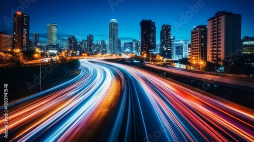 Dynamic Nightscape of Urban City Skyline with Light Trails from Busy Traffic and Modern Architecture Under a Clear Blue Sky
